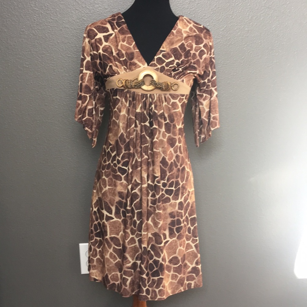 Giraffe print dress with beaded detail